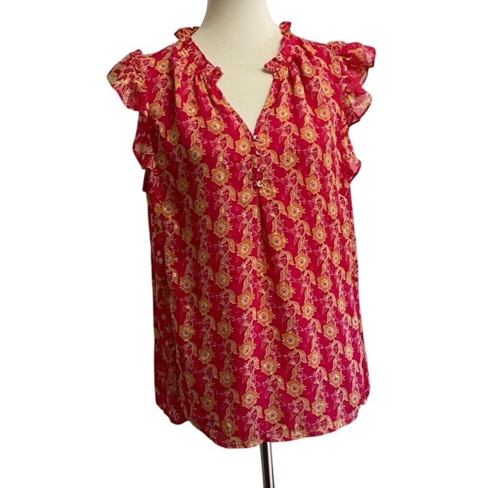 Rachel Roy Floral Flutter Sleeve Blouse Womens Large Pink